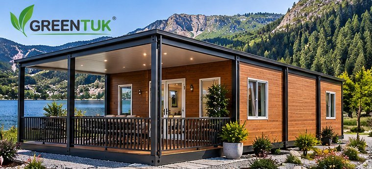 Casa expandible de madera con veranda cubierta y barandilla negra junto a un lago