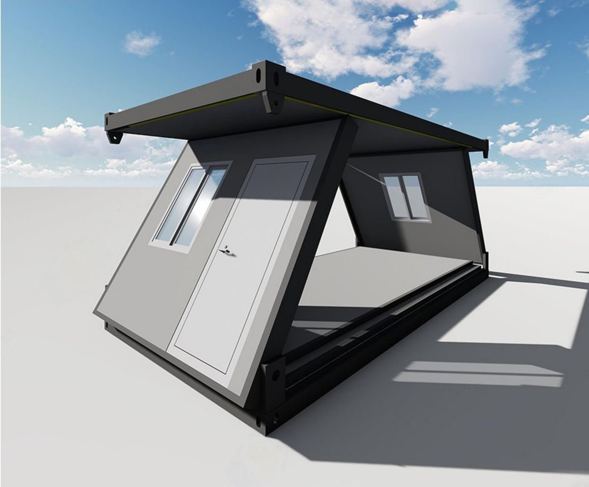 Render de la casa plegable a medio abrir